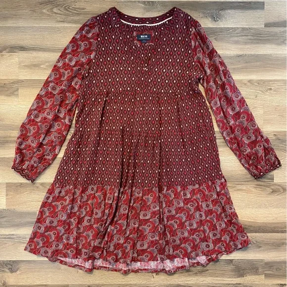 anthro long sleeve dress Anthro Mystree Long Sleeve Dress Size S Black White Abstract Boho Print  V-Neck